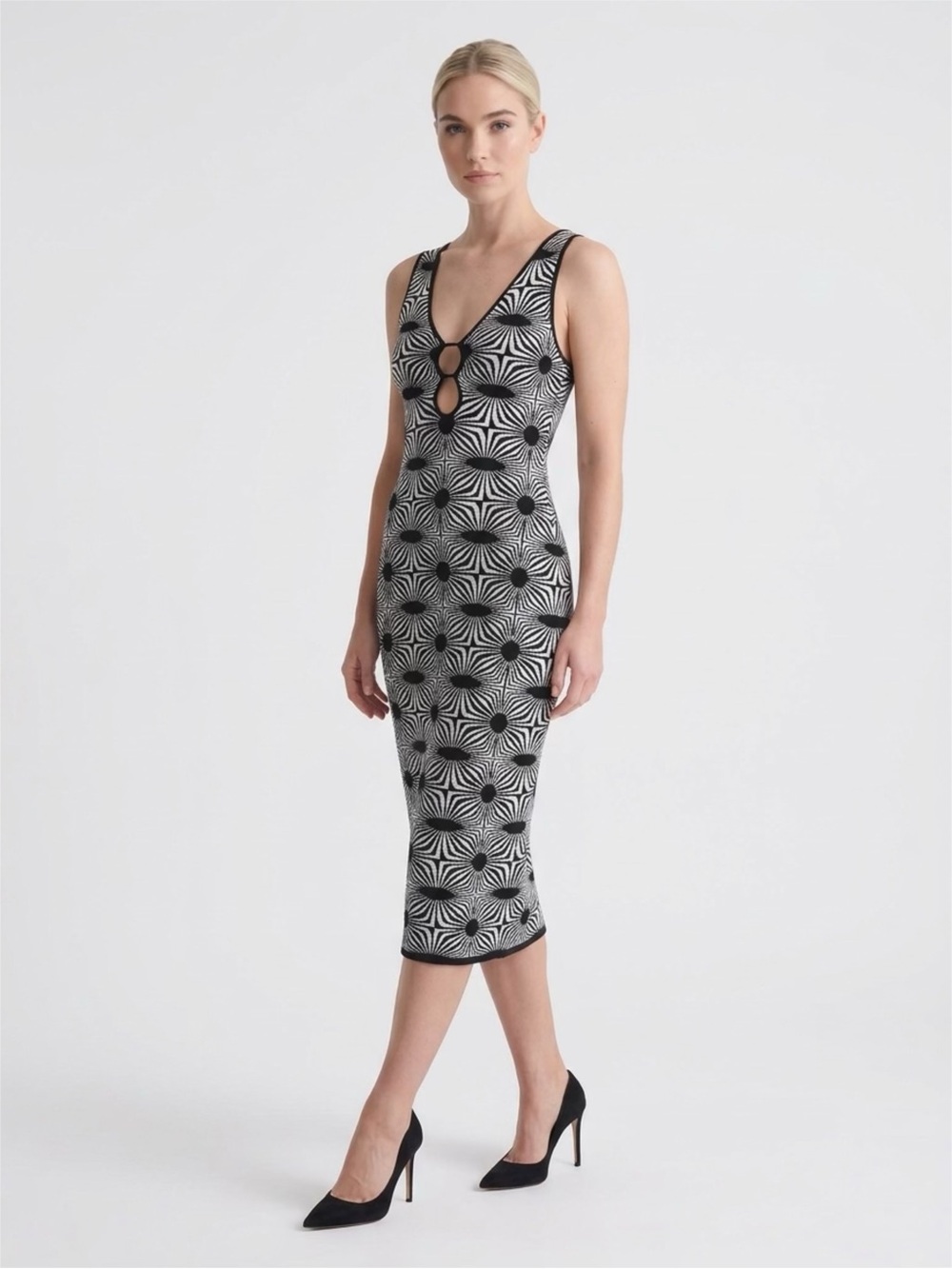 House of Harlow 1960 Sleeveless Black & White Patterned Midi Dress